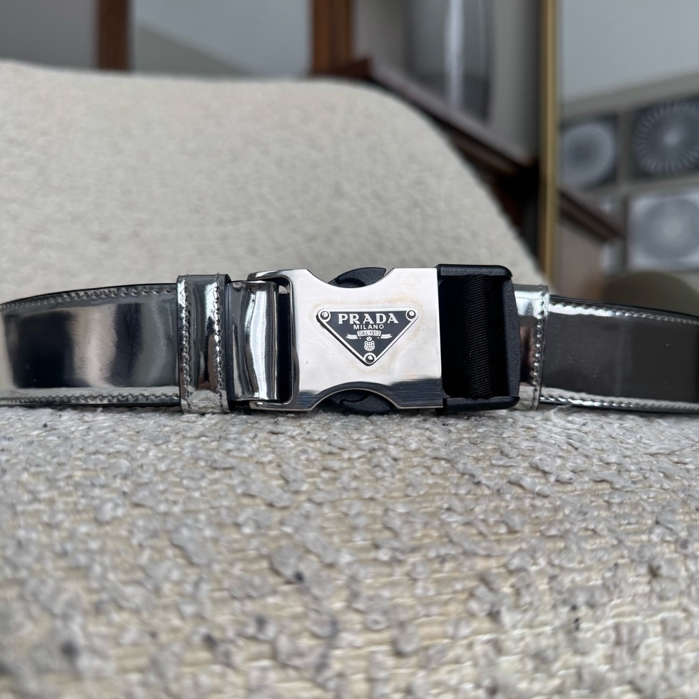 Prada Metallic Spazzolato Leather and Woven Tape Belt - Picture 4 of 10